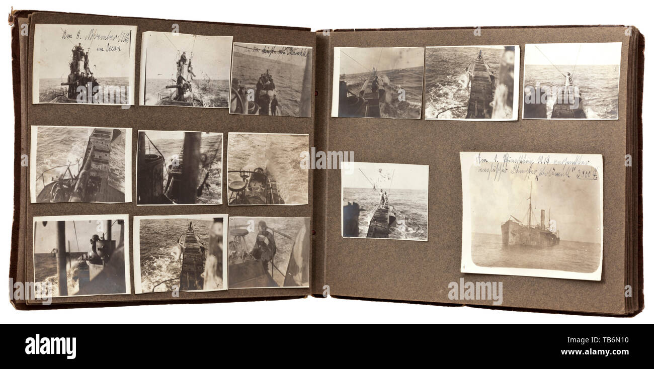 A photo album of U-Boat UC-20 in U-Boat Half Flotilla Pola off the coast of Libya, The partly inscribed album with a total of ca. 78 photos, sized for the most part in 9 x 14 cm format. Depicted are the U-Boat in her home port of Pola, conning tower with crew, sinking ships and images of Morocco and Libya, and a few family images. Album dimensions ca. 21 x 29 cm. Very rare images of a German U-Boat which operated in secret during World War I off the African coast. UC-20 was designed as a minelayer but undertook successful combat cruises in the Me, Additional-Rights-Clearance-Info-Not-Available Stock Photo