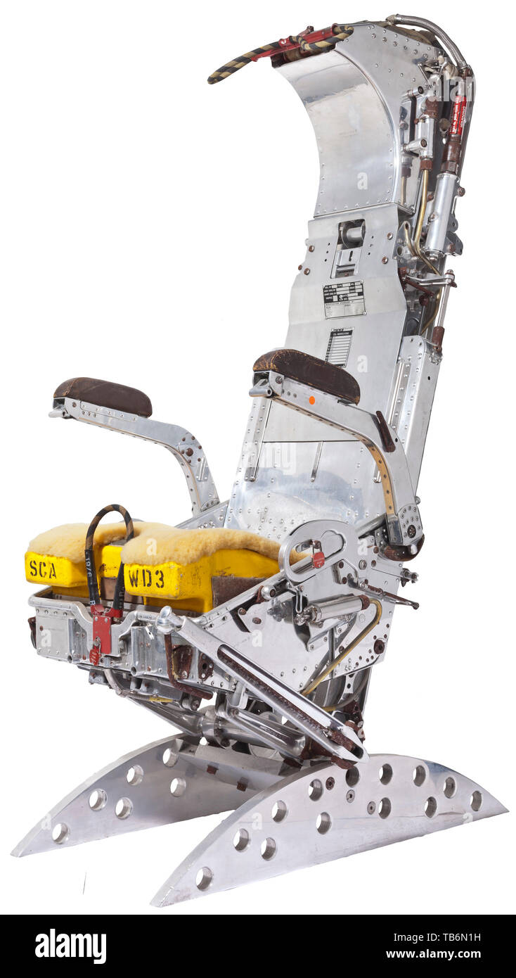 A chromed Vulcan ejection seat by Martin-Baker, The seat with attached identification plates "Type 3152" and "MK. 3", "Date 15.7.74" and "Seat Srl. No. 46". Height 142 cm, width 53 cm. The Vulcan was a four-engine strategic jet bomber of British make, and was deployed by the RAF during the Cold War period as the first nuclear-armed aircraft capable of flying at 52,000 ft altitude. Its maiden flight took place on 30 August 1952. Because its enormous Delta wings make the aircraft difficult to detect via radar, it has been called the first stealth a, Additional-Rights-Clearance-Info-Not-Available Stock Photo