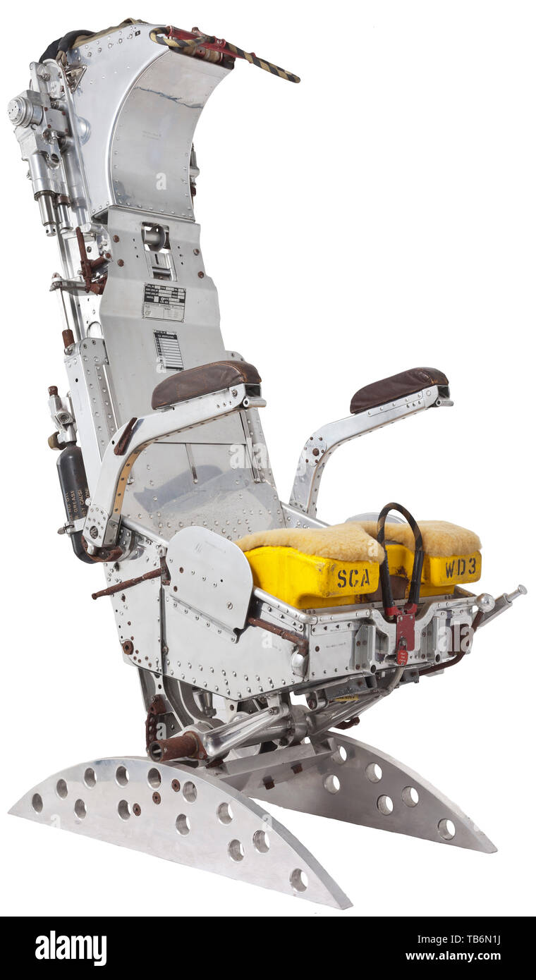 A chromed Vulcan ejection seat by Martin-Baker, The seat with attached identification plates "Type 3152" and "MK. 3", "Date 15.7.74" and "Seat Srl. No. 46". Height 142 cm, width 53 cm. The Vulcan was a four-engine strategic jet bomber of British make, and was deployed by the RAF during the Cold War period as the first nuclear-armed aircraft capable of flying at 52,000 ft altitude. Its maiden flight took place on 30 August 1952. Because its enormous Delta wings make the aircraft difficult to detect via radar, it has been called the first stealth a, Additional-Rights-Clearance-Info-Not-Available Stock Photo