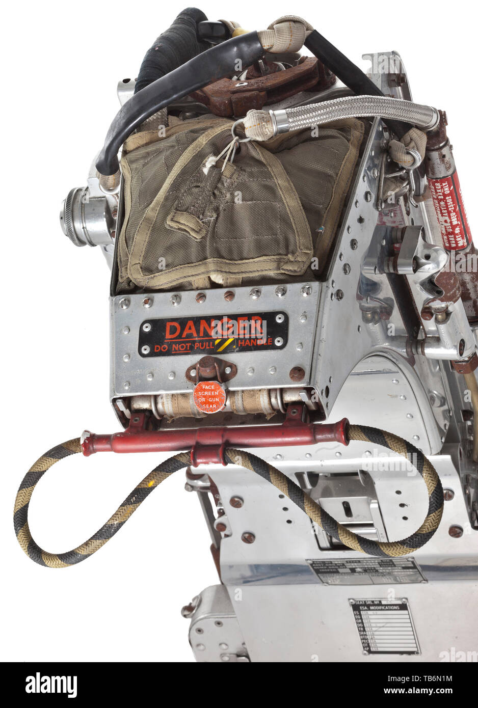 A chromed Vulcan ejection seat by Martin-Baker, The seat with attached identification plates "Type 3152" and "MK. 3", "Date 15.7.74" and "Seat Srl. No. 46". Height 142 cm, width 53 cm. The Vulcan was a four-engine strategic jet bomber of British make, and was deployed by the RAF during the Cold War period as the first nuclear-armed aircraft capable of flying at 52,000 ft altitude. Its maiden flight took place on 30 August 1952. Because its enormous Delta wings make the aircraft difficult to detect via radar, it has been called the first stealth a, Additional-Rights-Clearance-Info-Not-Available Stock Photo