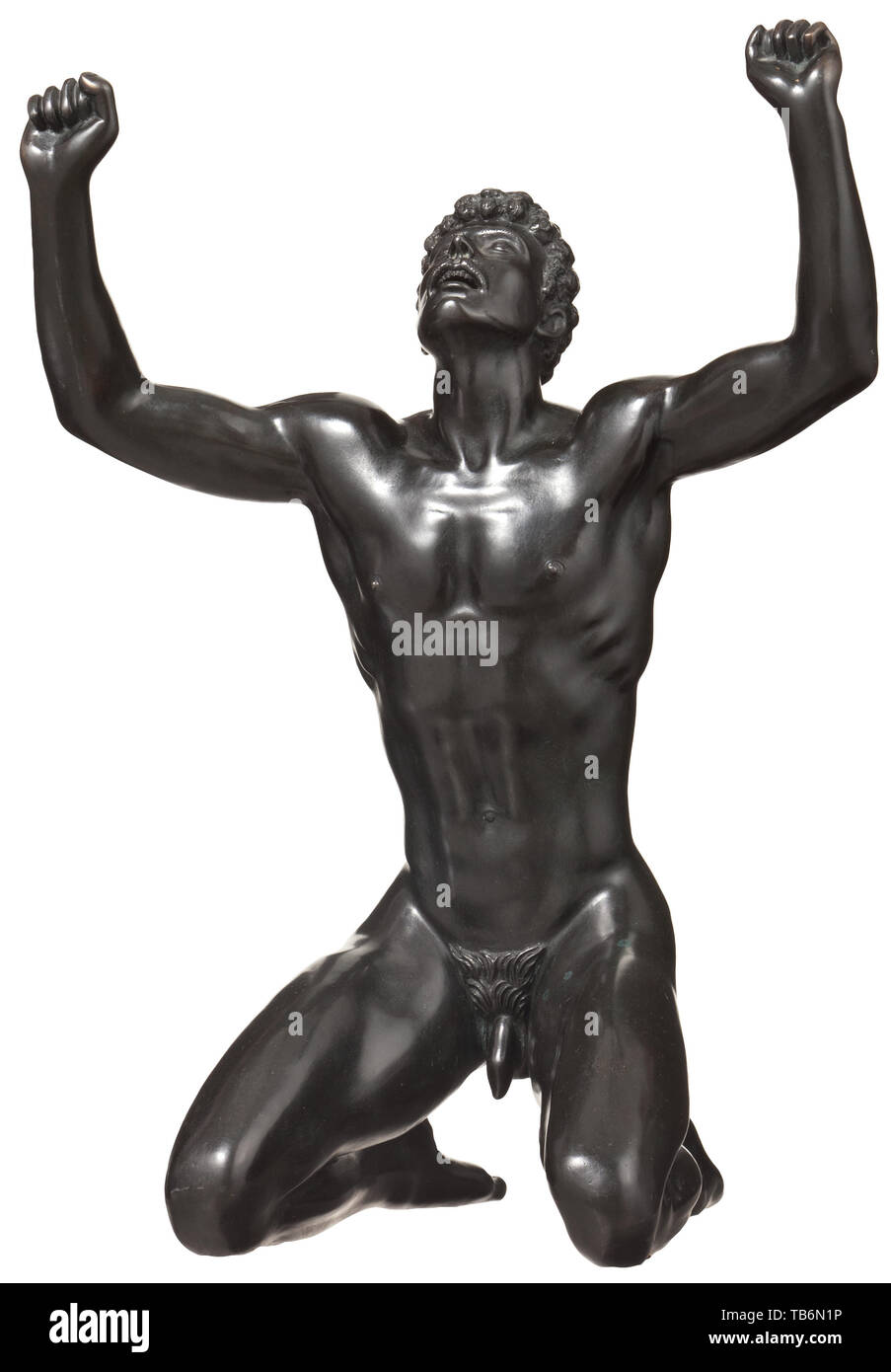 Arno Breker (1900 - 1991) - an Olympic athlete, decathlete Jürgen Hingsen, Bronze with noble dark, brown-green patina. Signed at the bottom of his left lower leg 'Arno Breker' with date '83' and number '6/12', foundry mark 'Fondeur H.S.D.' Height 53 cm. In good condition. The athlete is posed with arms raised in victory. A commanding, elegantly formed male athletic bronze figure. Of the greatest rarity. only twelve examples having been produced. To our knowledge, during the past 25 years this figure has only been offered twice on the arts market. Cf. Rudolf Conrades, Das Sc, Editorial-Use-Only Stock Photo