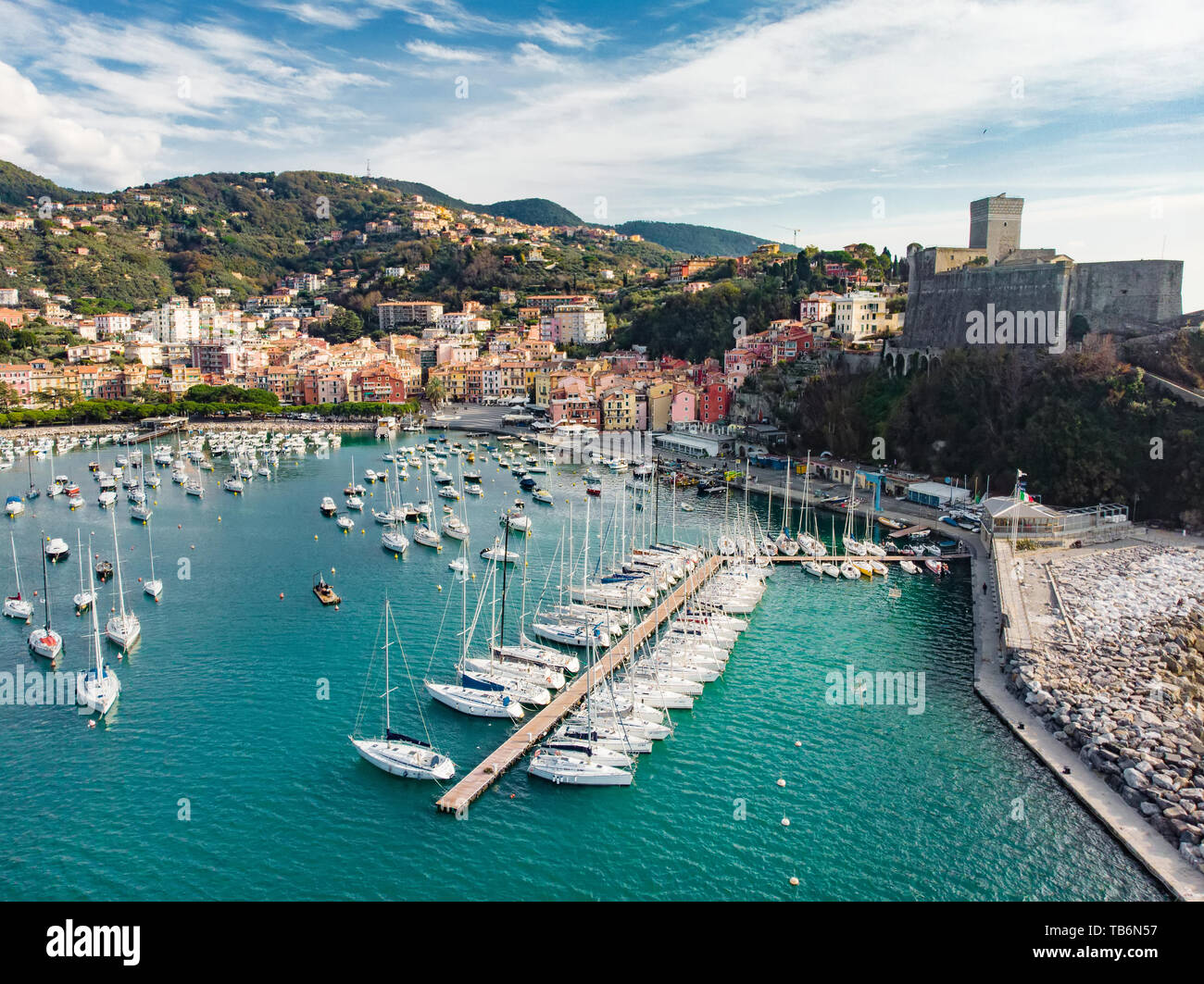 Aerial view of small yachts and fishing boats in Lerici town, located in the province of La Spezia in Liguria, part of the Italian Riviera, Italy. Stock Photo