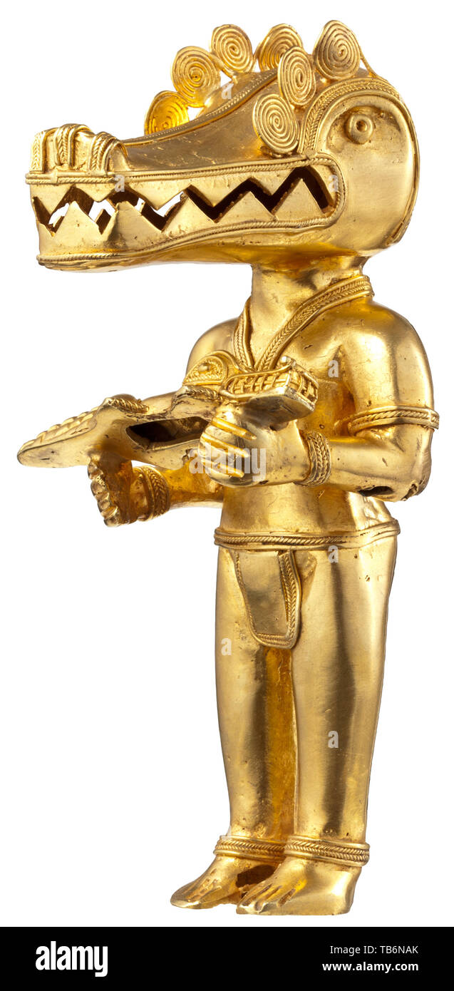A Colombian tumbaga gold figure, Elaborately worked, hollow cast figure