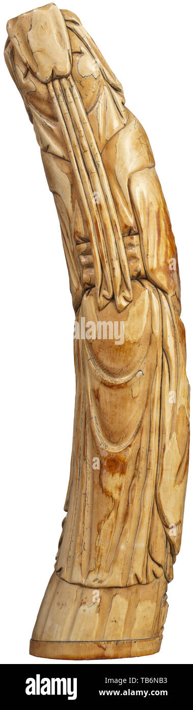 A large carved figure of an immortal, 19th century, Of mammoth ivory, probably portraying Shoulao with long beard, smiling face, hands folded over his stomach, wearing a robe with cascading folds, signature at base. Height 66 cm, weight 7.2 kg. China, Chinese, historic, historical 19th century, Additional-Rights-Clearance-Info-Not-Available Stock Photo