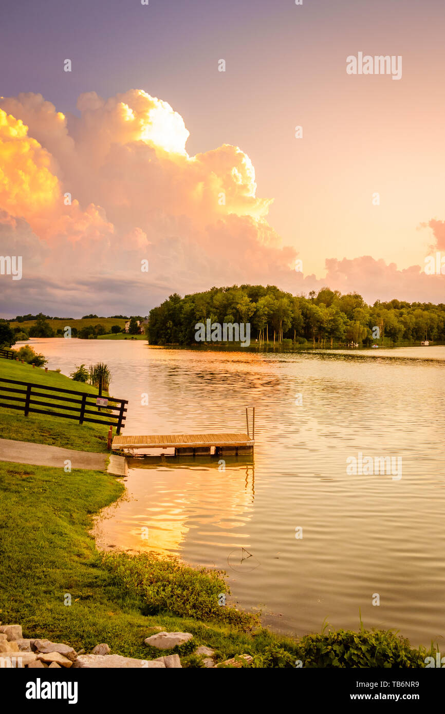 Scenic lake in Bluegrass region of Kentucky at sunset Stock Photo