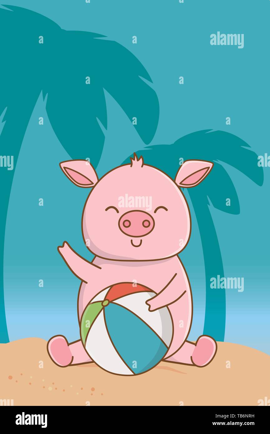 summer vacation relax time cute little happy animal pig playing with ...
