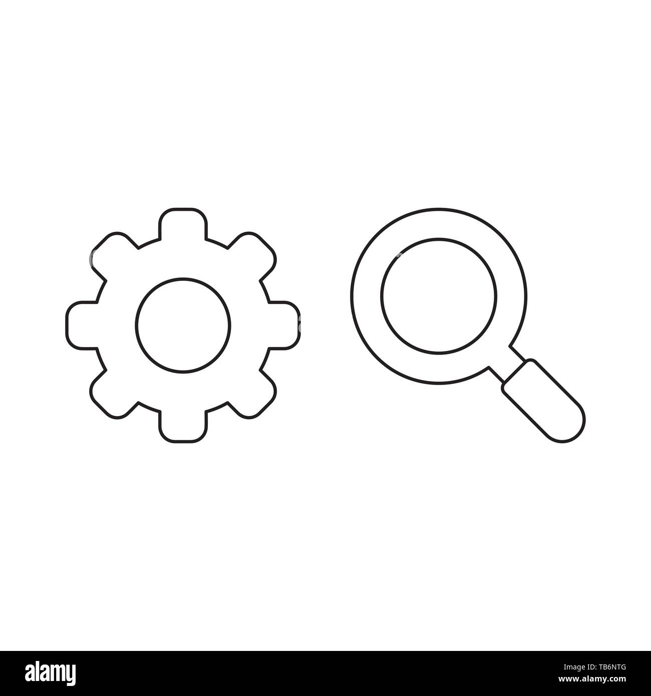 Vector icon concept of gear with magnifying glass. Black outlines ...