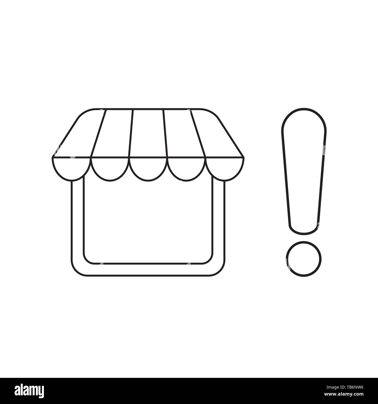 Vector icon concept of shop store and exclamation mark. Black outlines, white background. Stock Vector