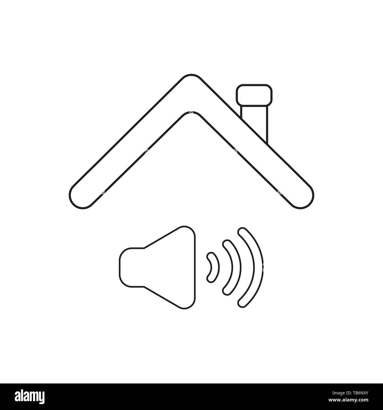 Vector icon concept of sound on symbol under roof. Black outlines, white background. Stock Vector