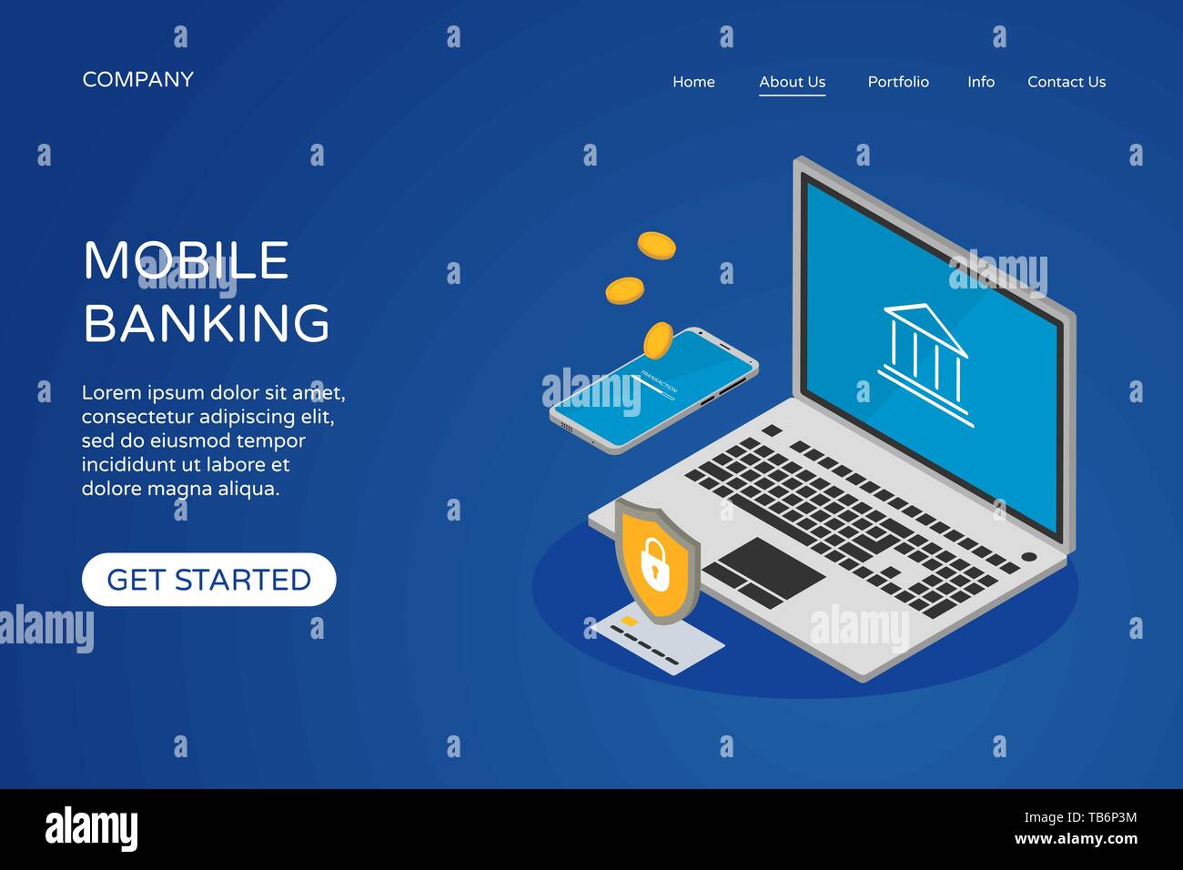 Online banking landing page web site design template on blue background.  Isometric 3d laptop and smartphone, bank card, shield and coins. Money  transa Stock Vector Image & Art - Alamy