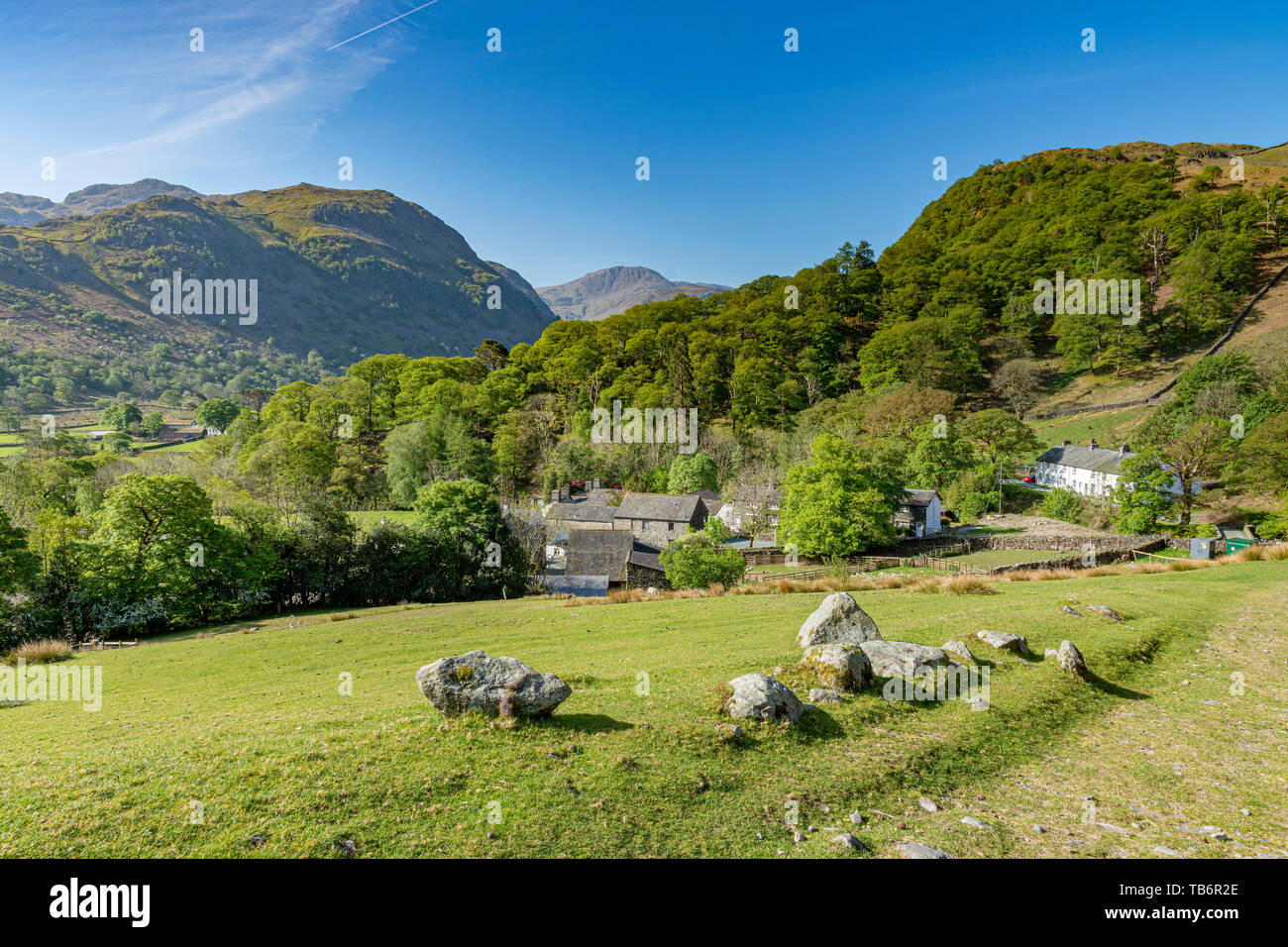 Footpath  view descending into Seatoller village Borrowdale, near Keswick Cumbria, Lake District UK. Stock Photo