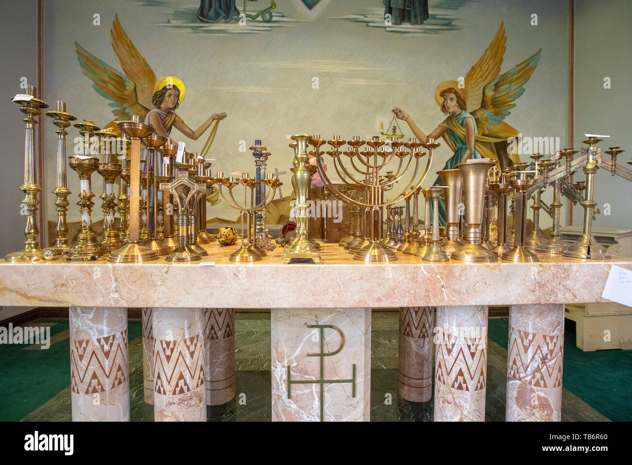 Fort Smith, Arkansas - Religious items and everyday objects were auctioned off at the St. Scholastica Monastery. Candlesticks were displayed on the al Stock Photo