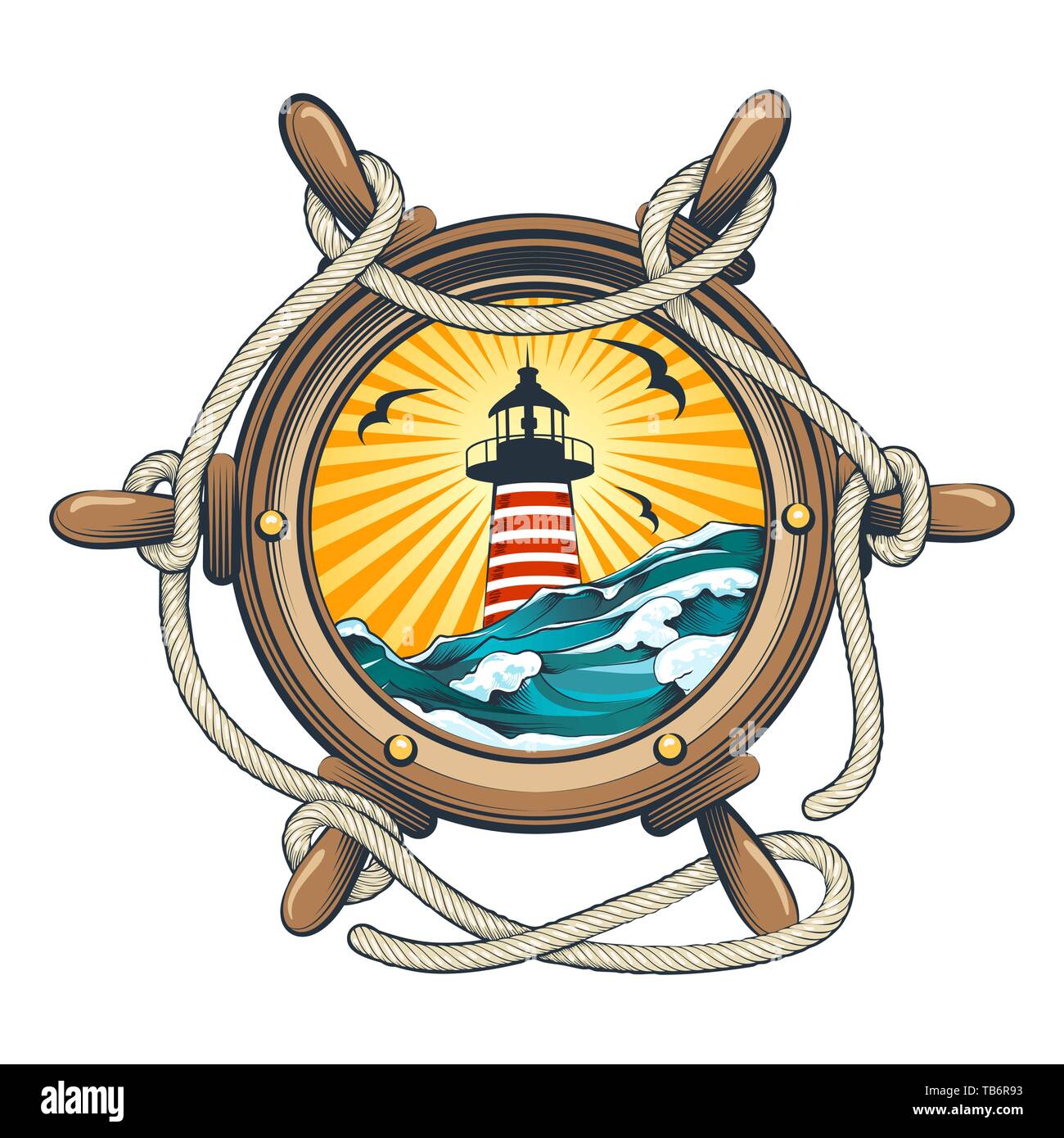 Ship wheel with lighthouse and seascape inside. Vector illustration. Stock Vector
