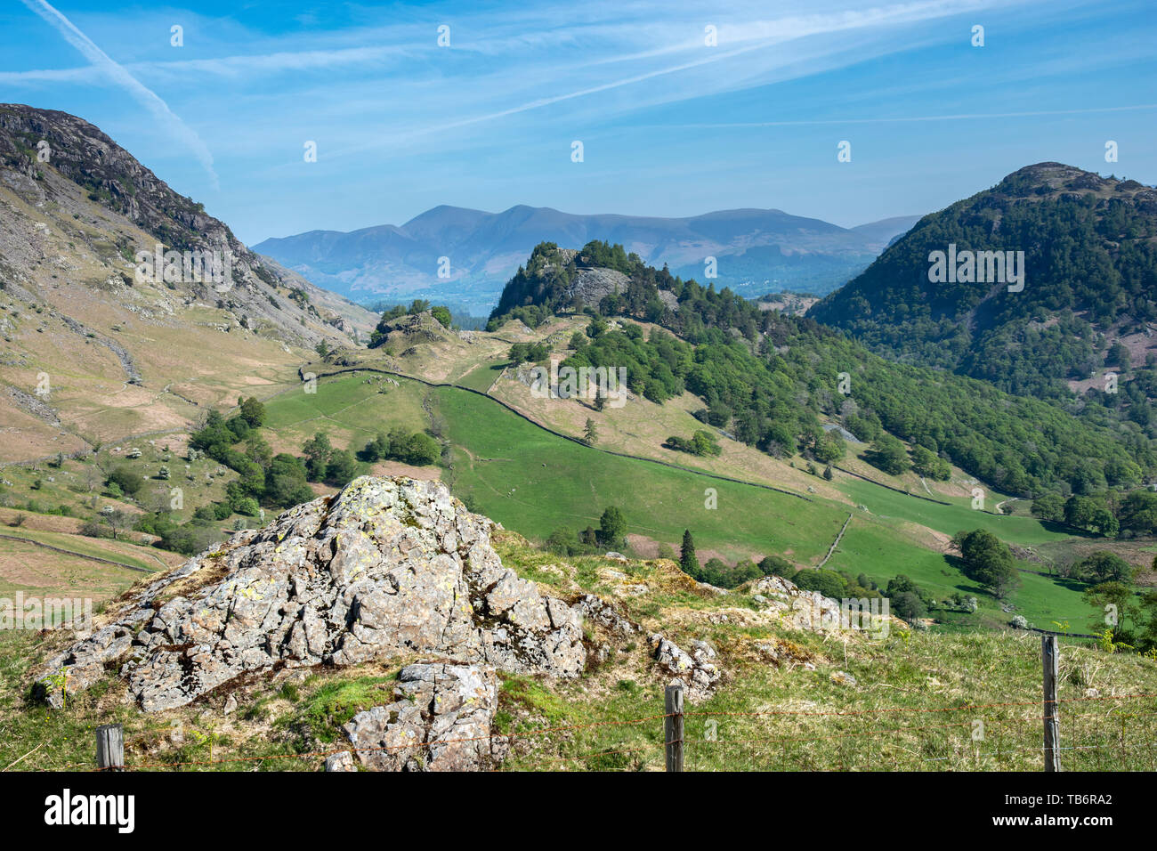 The view in Borrowdale Valley,  Cumbira, Lake District National Park UK which forms part of the Allerdale Ramble, with Castle Crag in the background Stock Photo