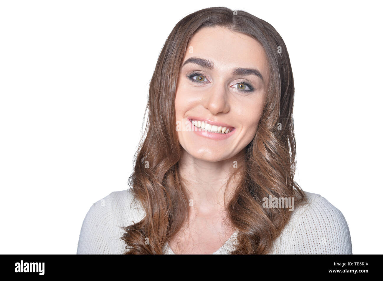 Portrait of beautiful woman posing on white background Stock Photo - Alamy