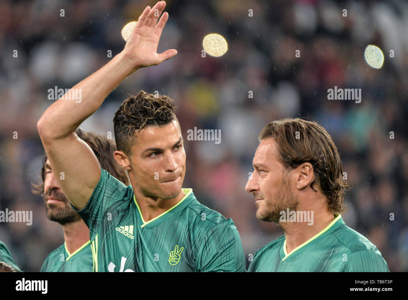 Cristiano Ronaldo from 'Campioni Per La Ricerca' (C) makes a gesture during a 'Partita Del Cuore' Charity Match at Allianz Stadium. Campioni Per La Ricerca win the 'Champions for Research' 3-2 against the 'Italian National Singers'. Stock Photo