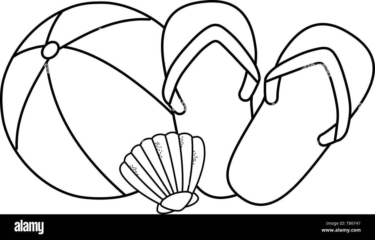 summer time with beach ball flip flops and shell cartoon flay style ...