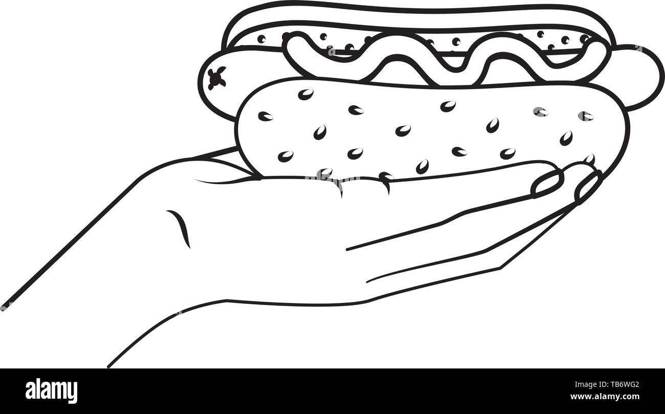 hand holding hot dog icon cartoon black and white vector illustration