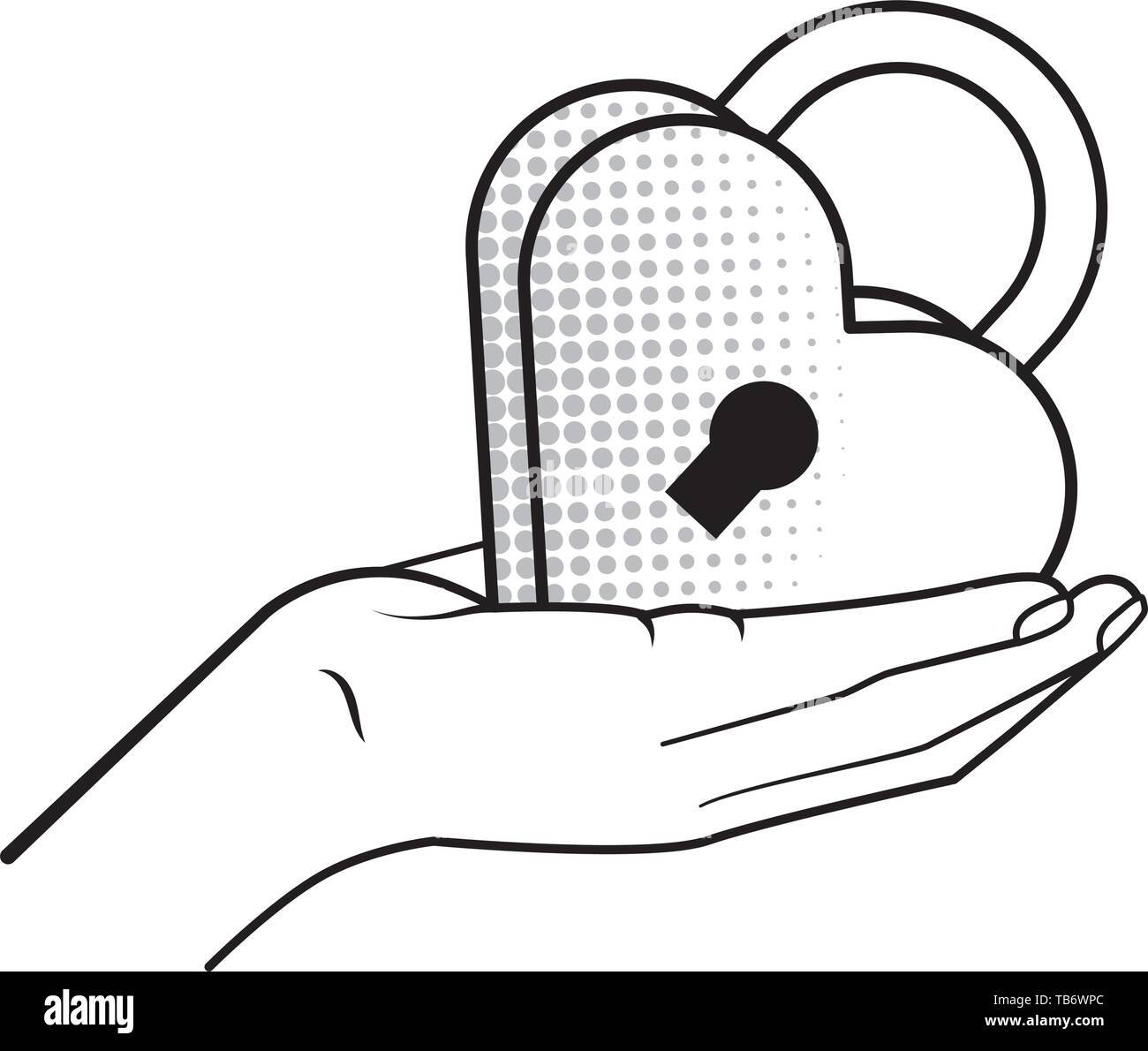 hand holding heart shaped padlock icon cartoon black and white vector ...
