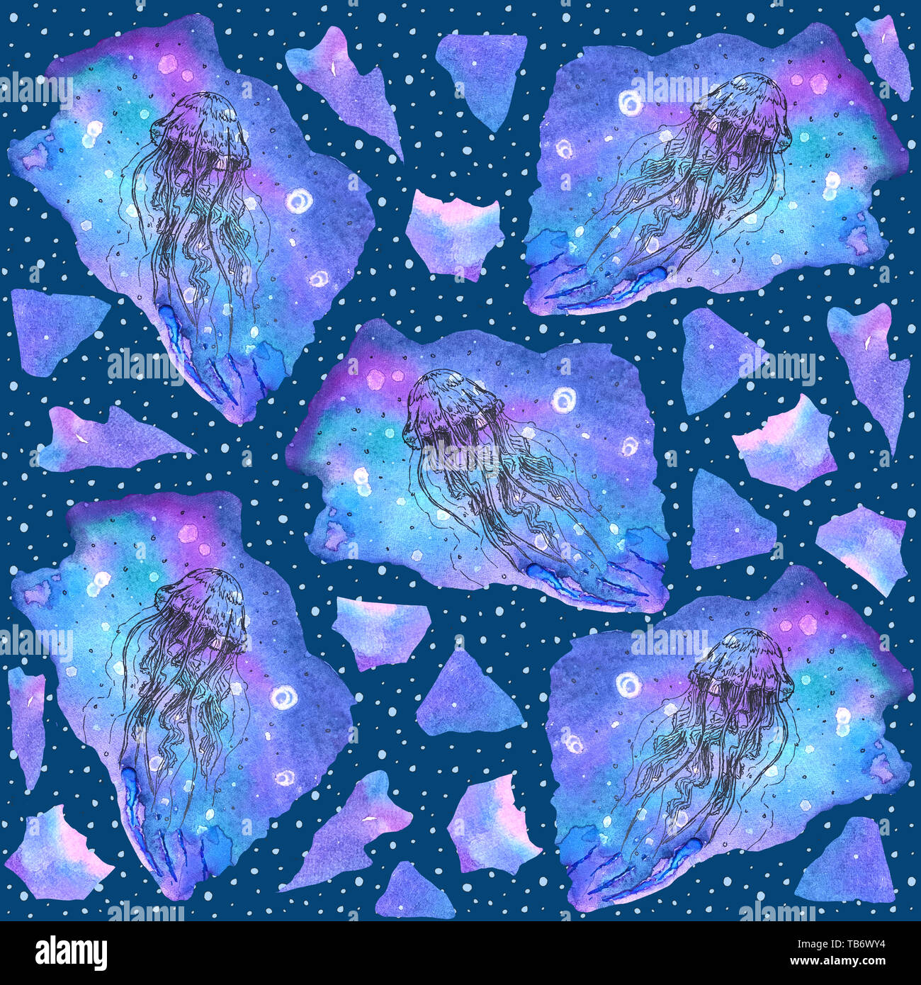 Watercolor seamless pattern with jellyfish on dark background. Hand ...