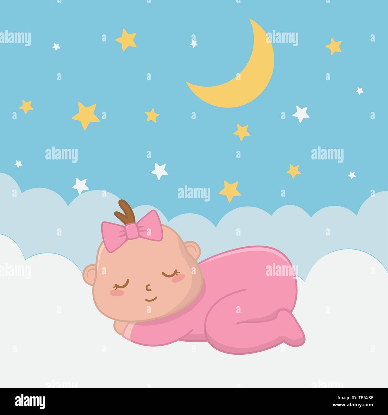 baby sleeping over a cloud with starry sky and moon vector illustration ...
