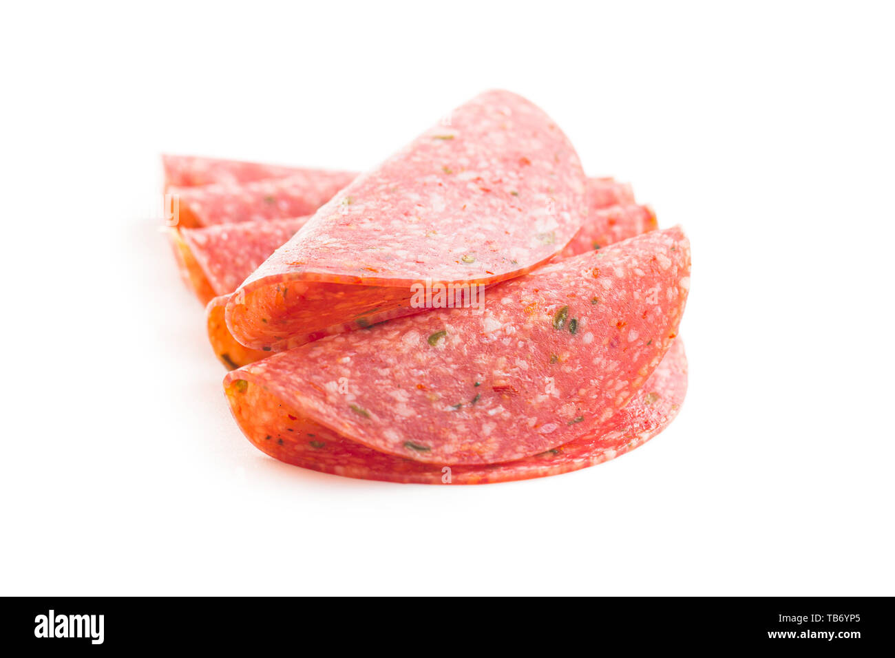 Salami smoked sausage slices with spice chili peppers isolated on white ...