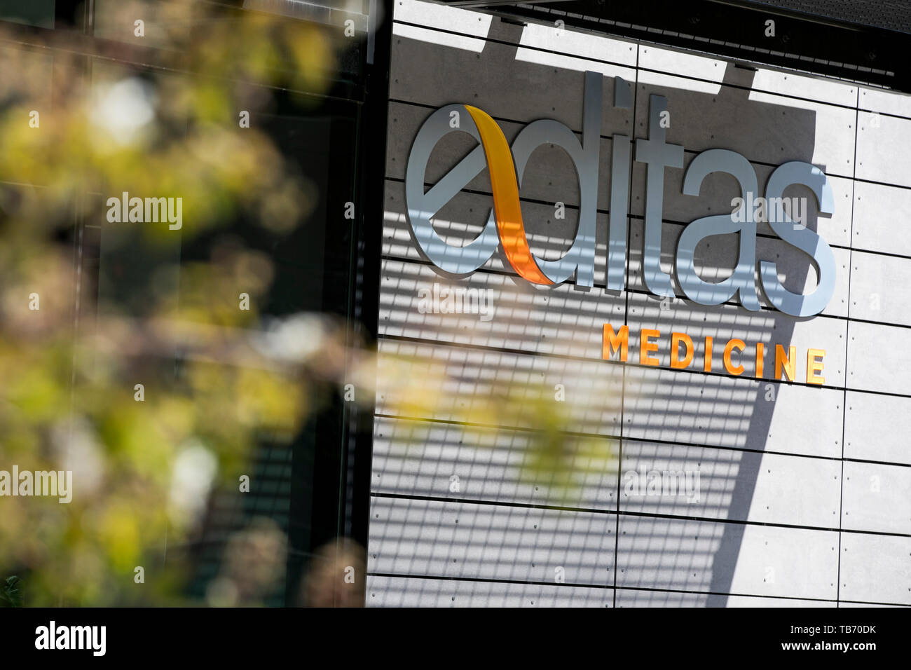 A logo sign outside of the headquarters of Editas Medicine in Cambridge