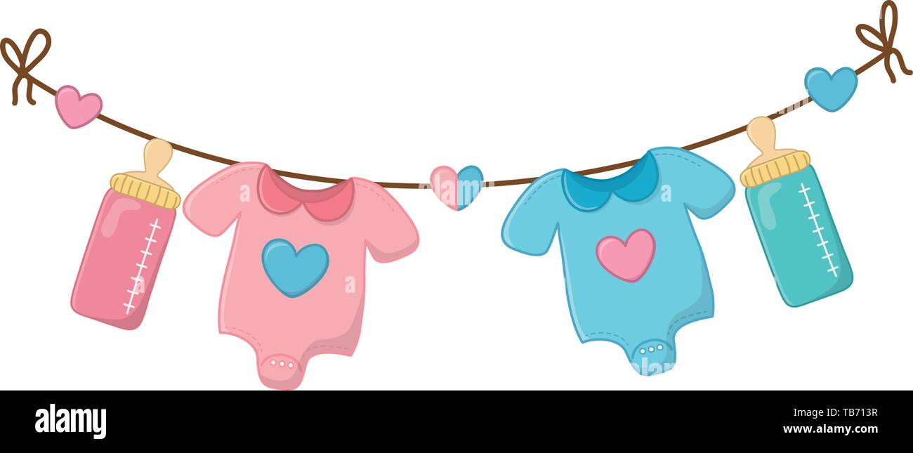 baby clothes and feeding bottle hanging on a clothesline rope with hearts  vector illustration graphic design Stock Vector Image & Art - Alamy