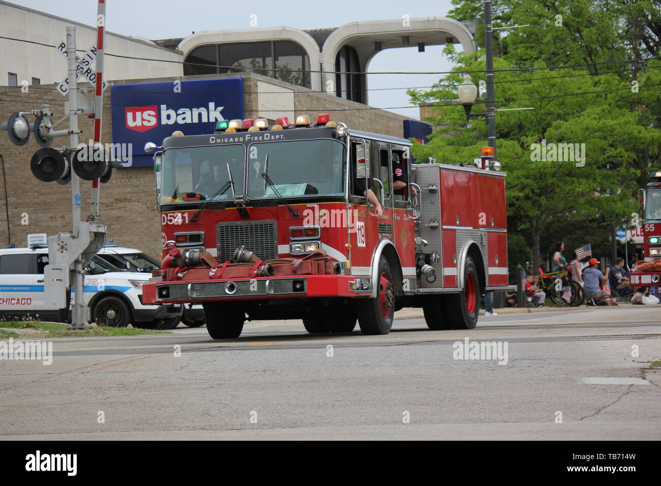 Firetruck riding thru Chicago's Northwest side Memorial Day Parade Stock Photo Alamy