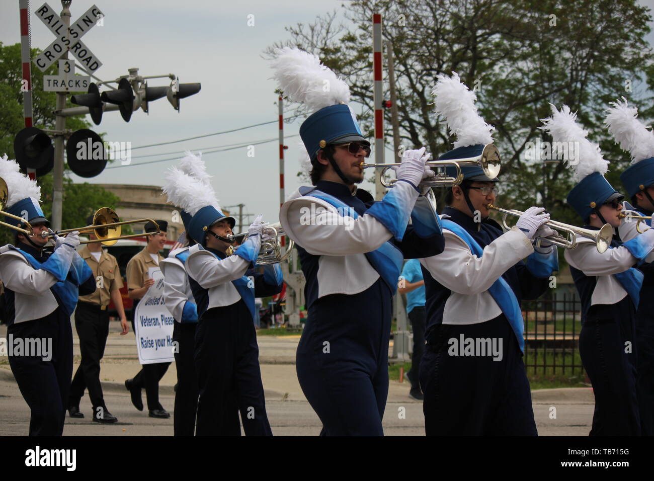 A local high school marching band playing in Chicago's Northwest side Memorial Day Parade Stock