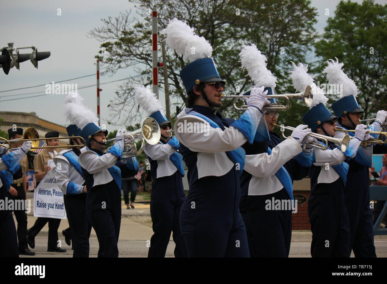 A local high school marching band playing in Chicago's Northwest side Memorial Day Parade Stock