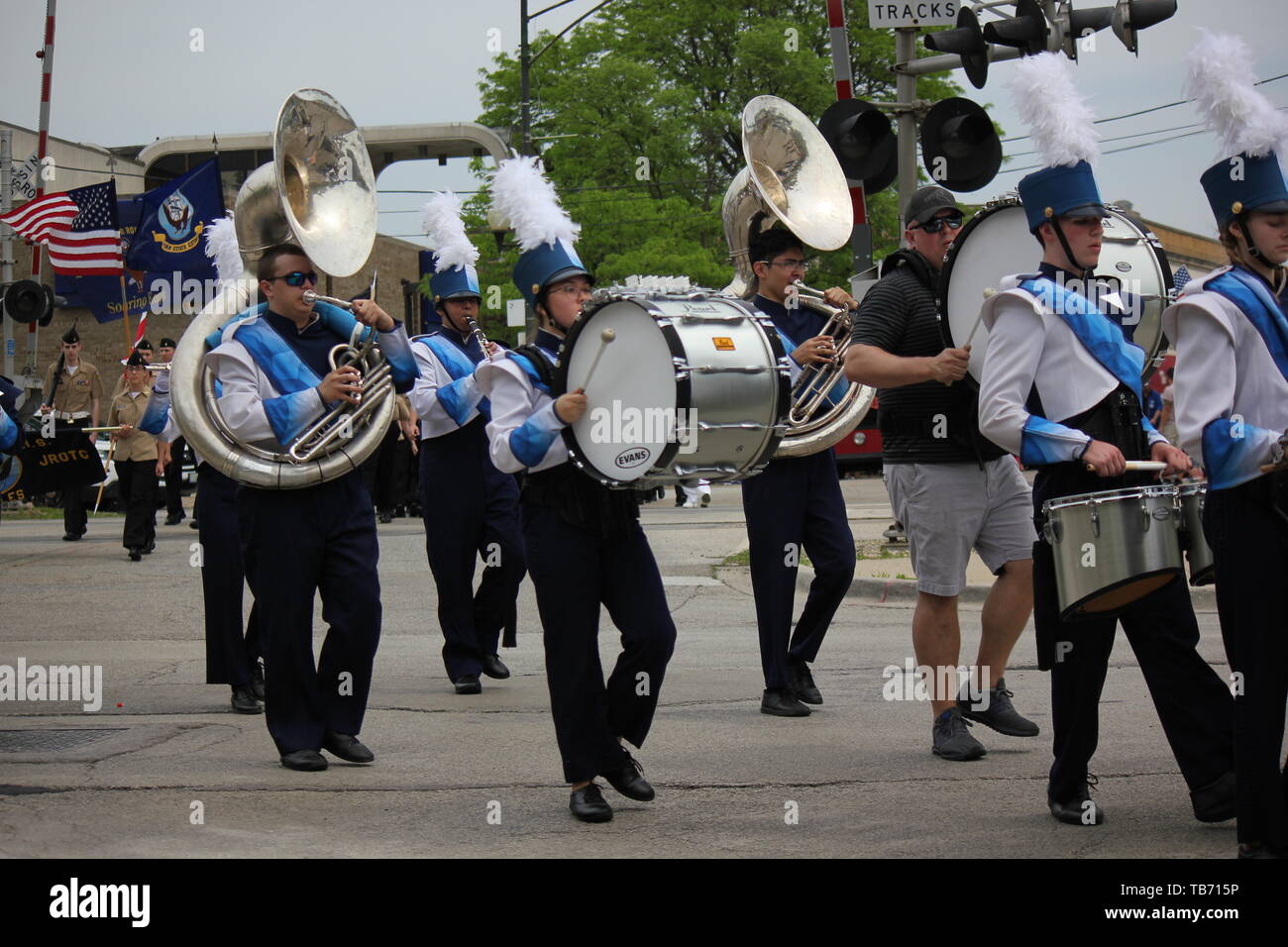 A local high school marching band playing in Chicago's Northwest side Memorial Day Parade Stock