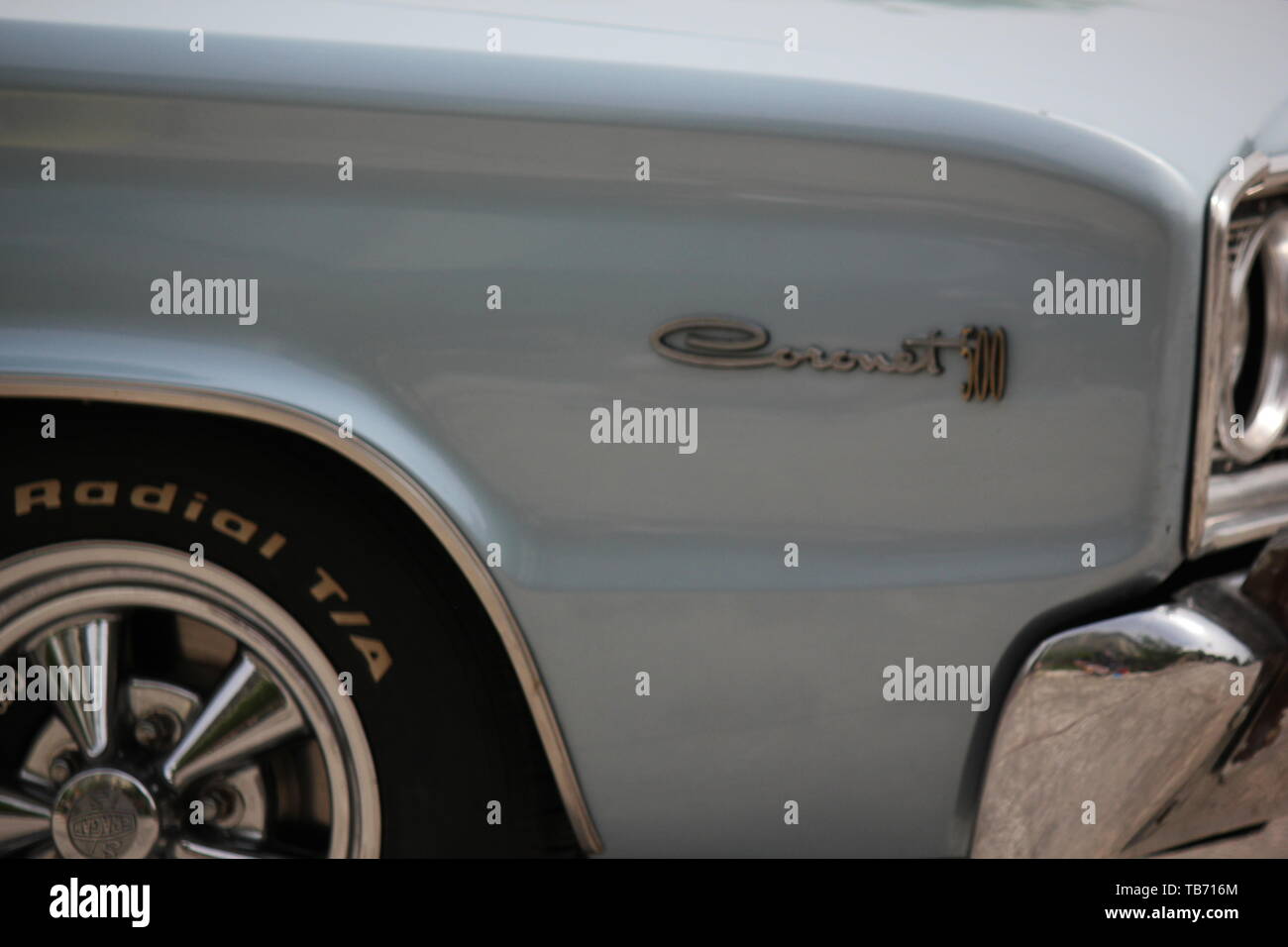 Front side of a mint green 1960s Dodge car and logo in mint