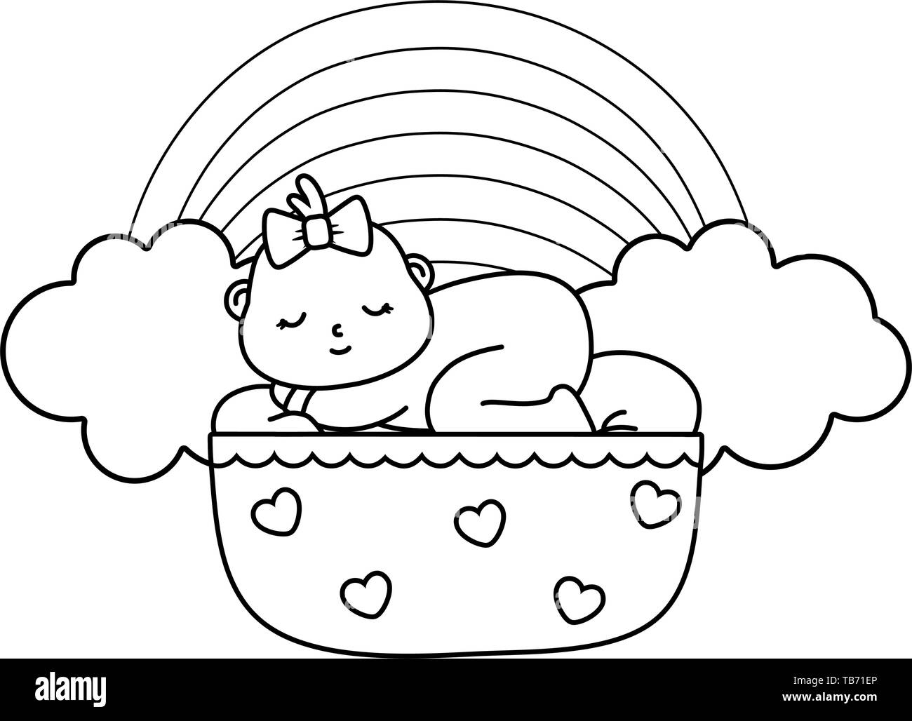 baby sleeping in a cradle with bow with clouds and rainbow vector illustration graphic design Stock Vector