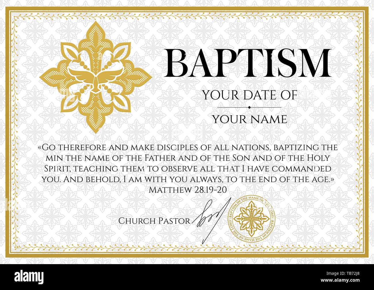 Postcard Christian baptism. Invitation, congratulation, certificate. Stock Vector