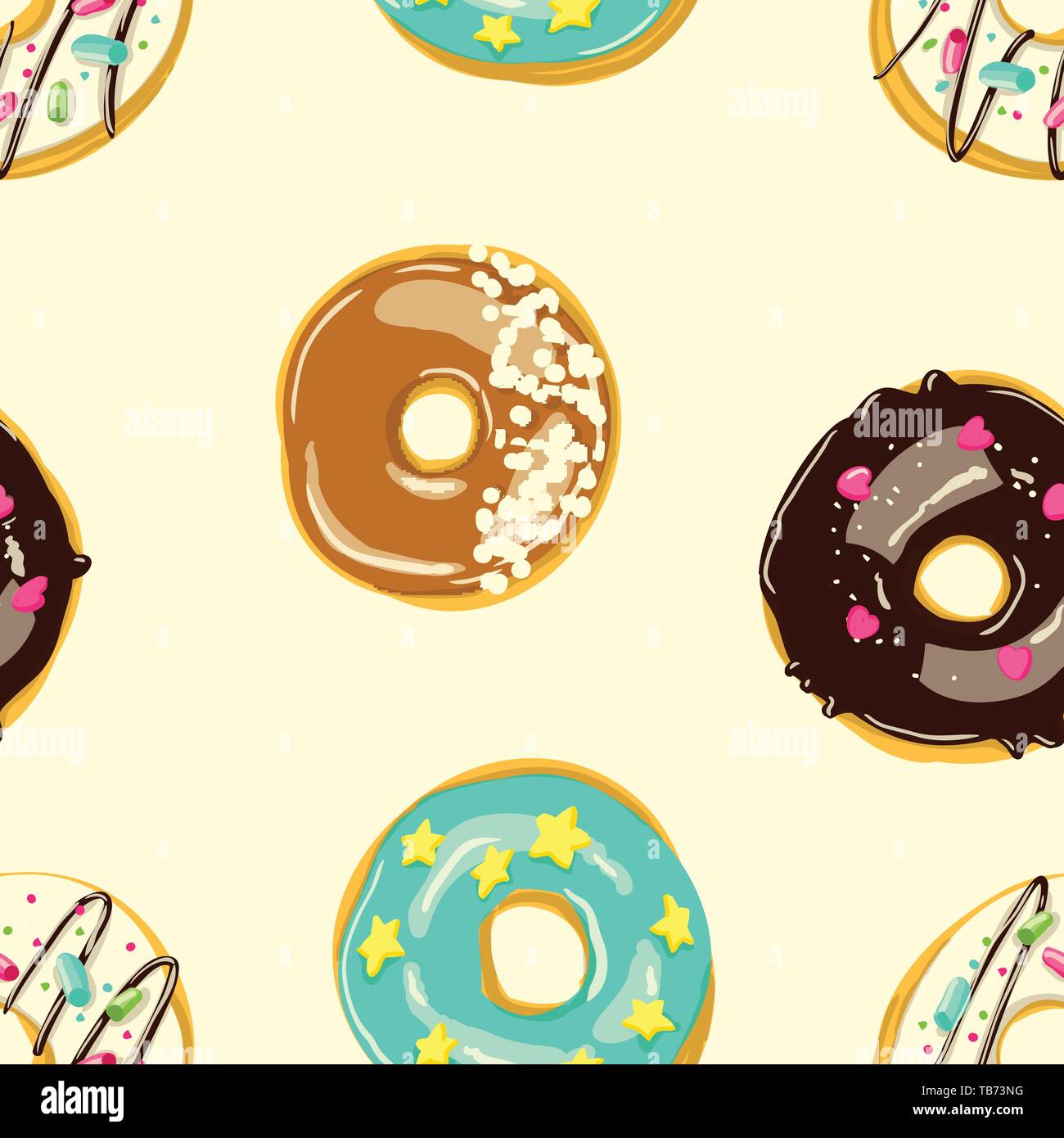 Glazed Donuts seamless pattern. Bakery Vector illustration. Top View doughnuts with glaze Stock Vector