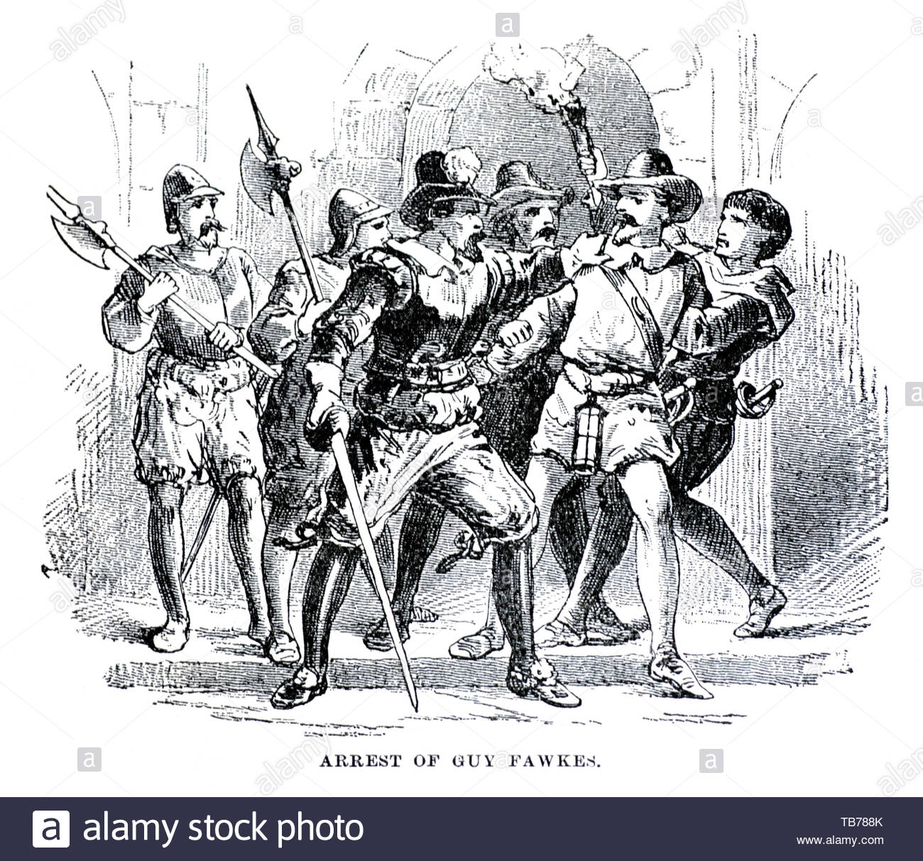 The arrest of Guy Fawkes in 1605 in the vaults of the Houses of Parliament Stock Photo