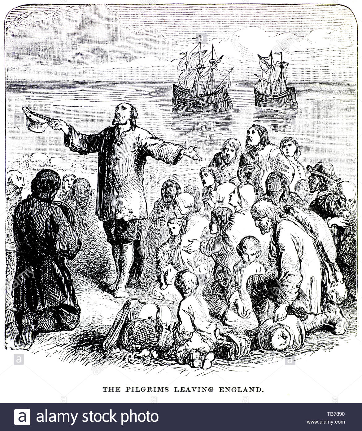 The Pilgrim Fathers preparing to depart from Southampton England on the ship Mayflower, for the Plymouth Colony in Plymouth, Massachusetts, New England, America in 1620 Stock Photo