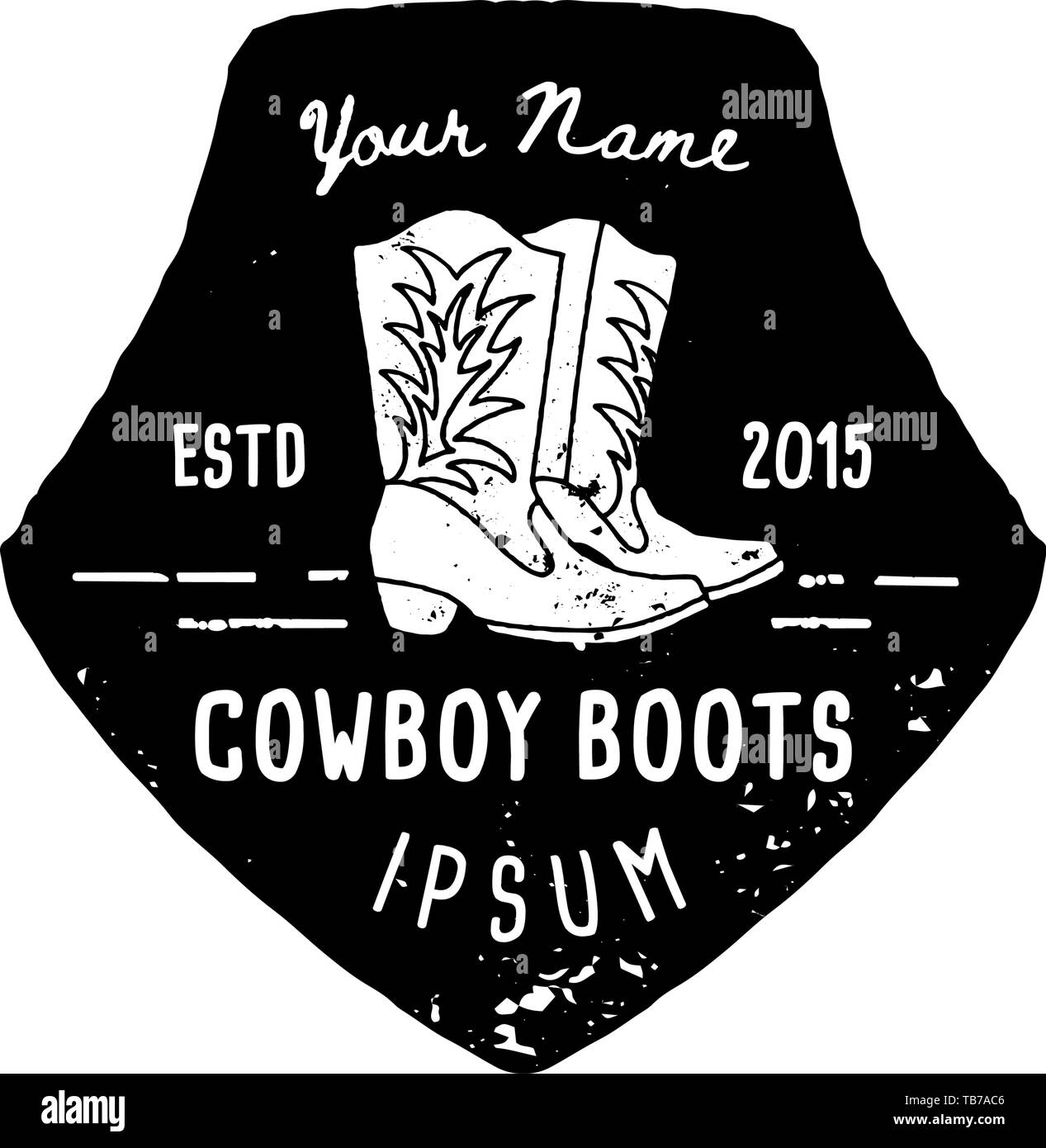 Western Logo cowboy boots hand Draw Grunge style. Wild West symbol sing of a cowboy boots and Retro Typography. Vintage Emblem for hand made cowboy boots, poster, t-shirt, cover, banner Stock Vector
