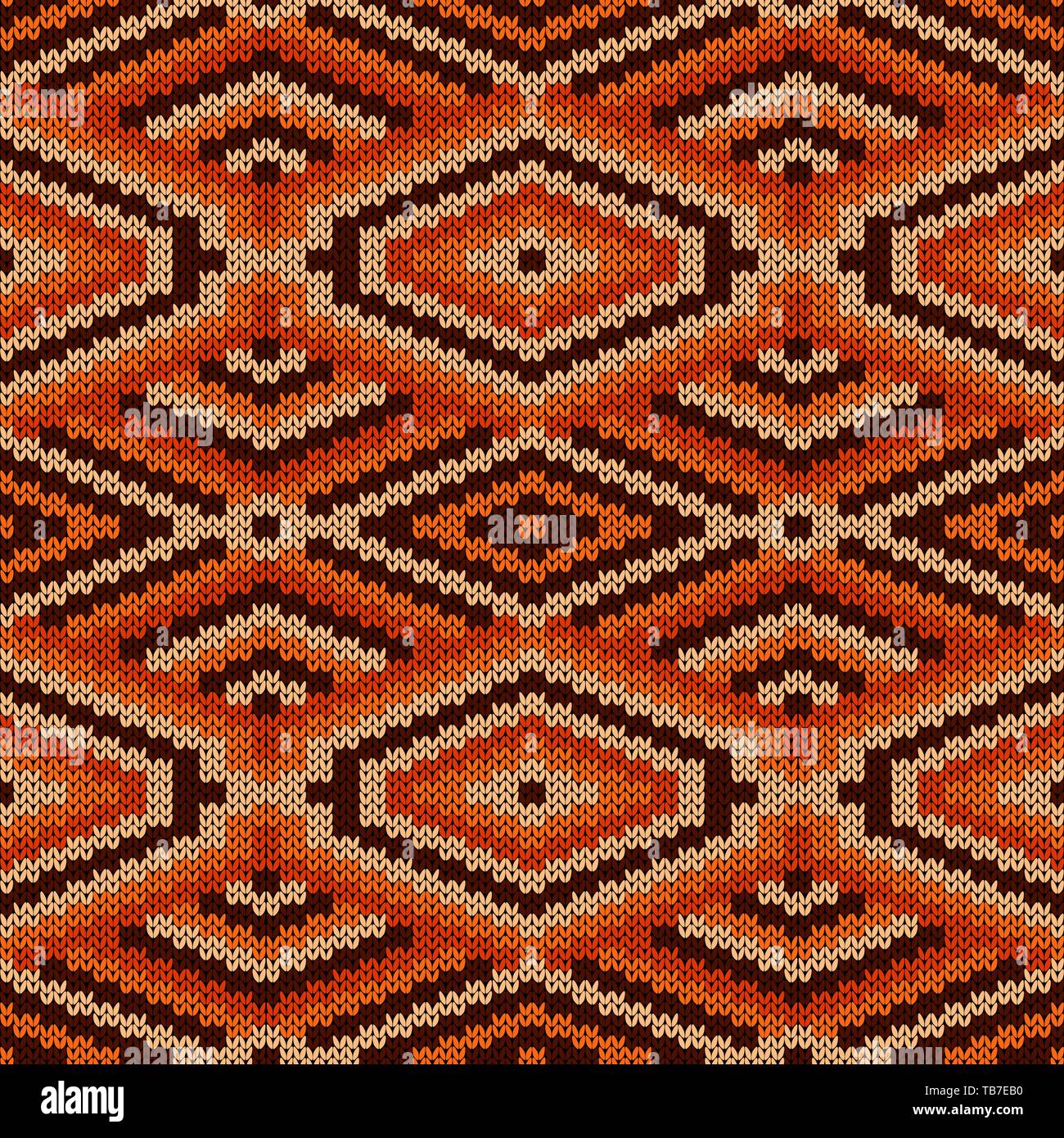 Ornamental knitting seamless vector pattern in brown and orange hues as ...