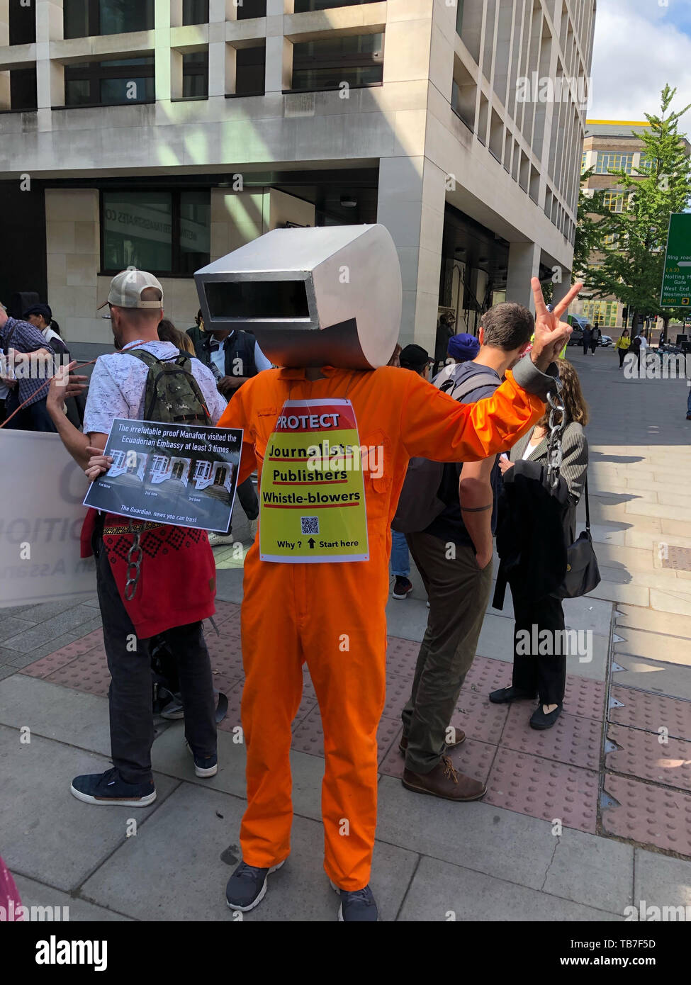 A Julian Assange supporter, dressed as a giant whistle, outside Westminster Magistrates Court where the WikiLeaks founder is expected to appear via videolink as he continues to fight against extradition to the United States over allegations he conspired to break into a classified Pentagon computer. Stock Photo