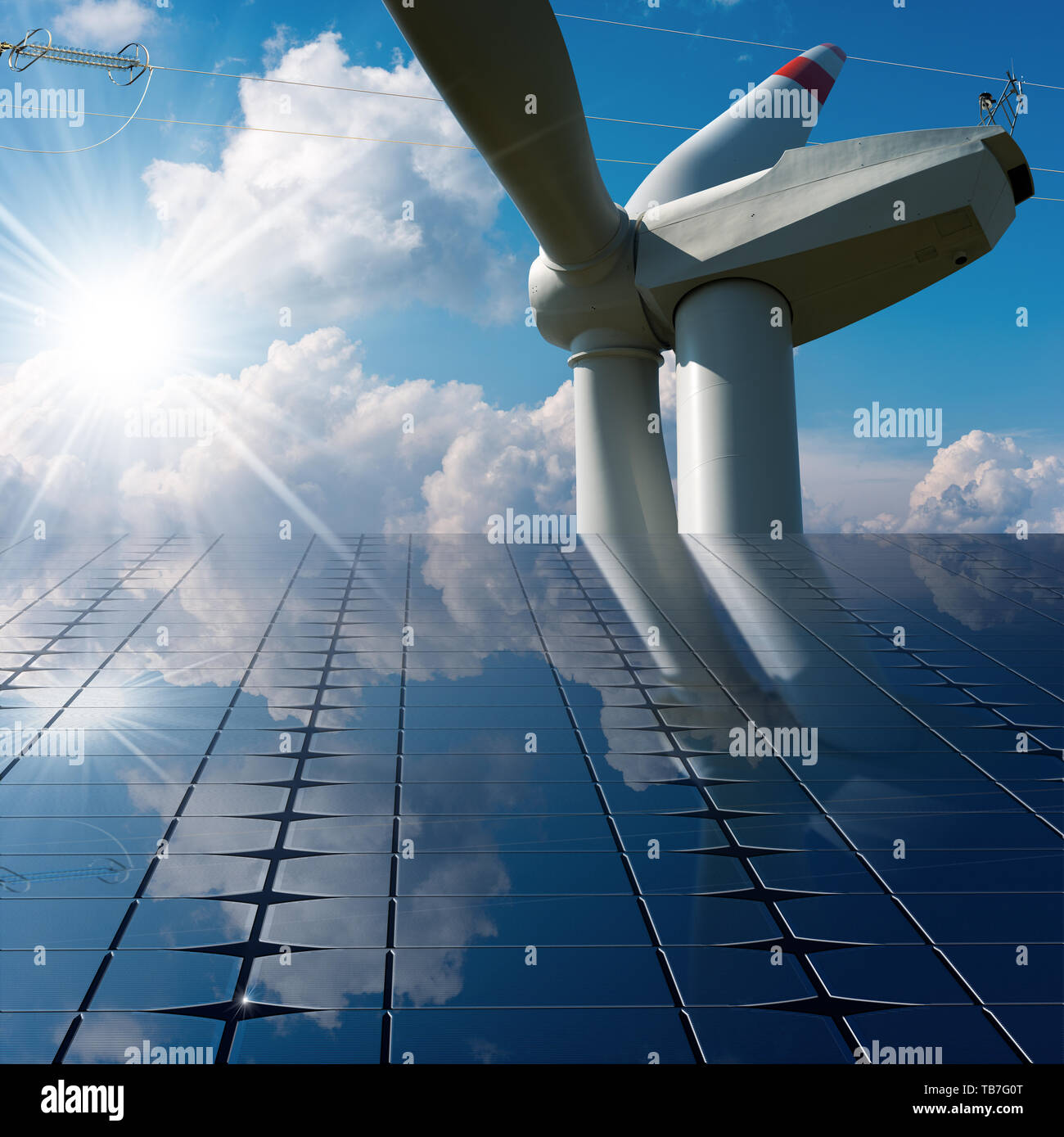 Solar panels with a wind turbine and a power line on a blue sky with