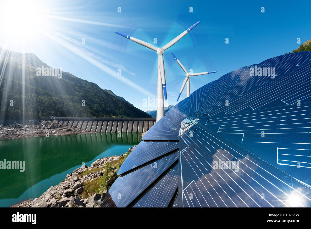 Renewable Energy Sunlight with solar panel. Wind with wind turbines