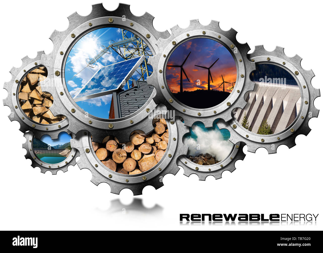 Renewable Energy Concept 3D illustration of a group of gears with the