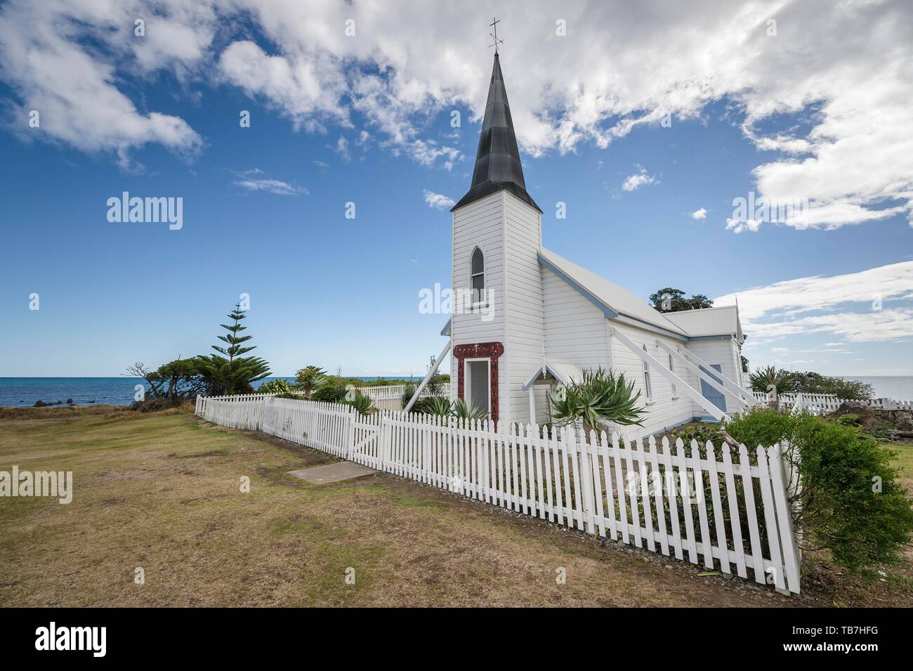 Christian white Maori church with fence in Raukokore, East Cape, North Island, New Zealand Stock Photo