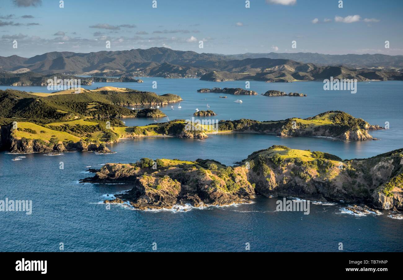 Aerial view of the Bay of Islands with islands, Far North District, North Island, New Zealand Stock Photo