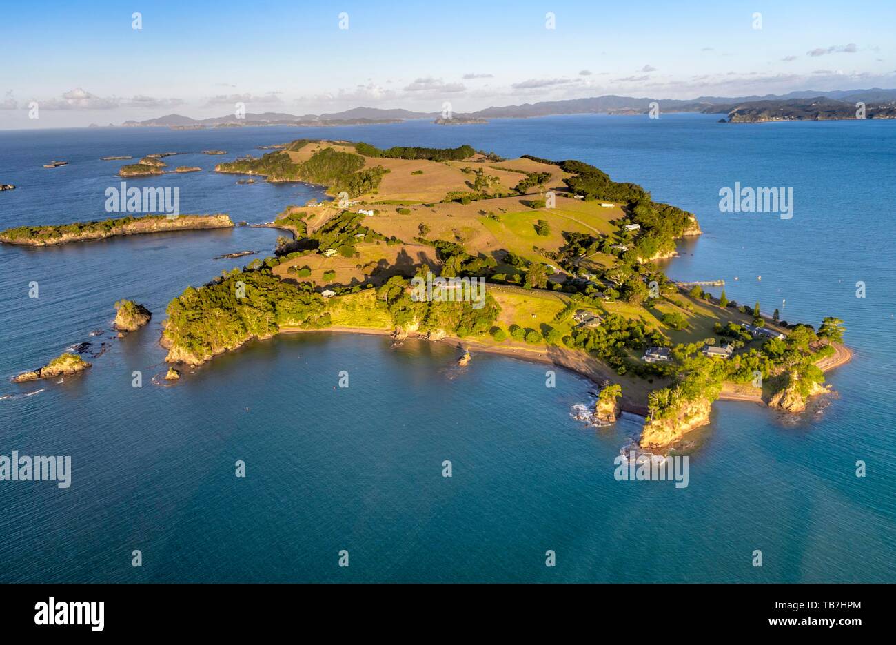 Aerial view of an island in the Bay of Islands, Far North District, North Island, New Zealand Stock Photo
