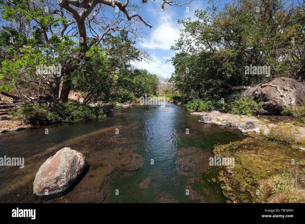 River course to the waterfall Llanos de Cortes, Bagaces, Guanacaste Province, Costa Rica Stock Photo