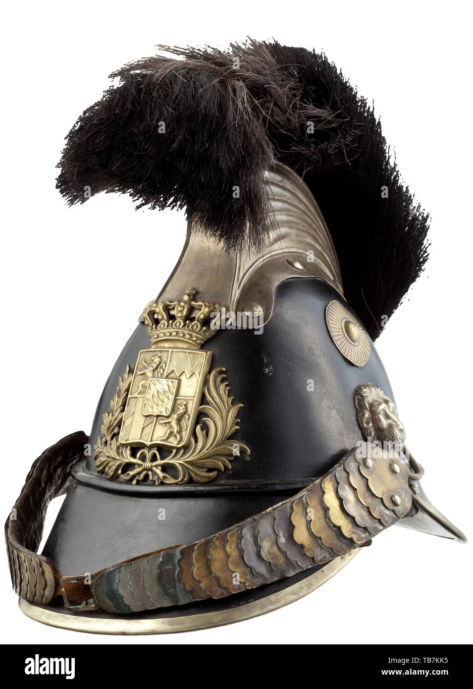 Body armour, helmets, Bavarian mounted militia helmet model 1845, leather and silver-plated brass, Editorial-Use-Only Stock Photo