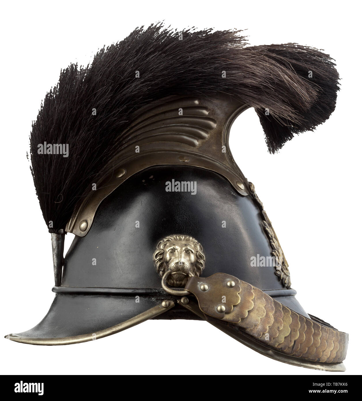 Body armour, helmets, Bavarian mounted militia helmet model 1845, leather and silverplated